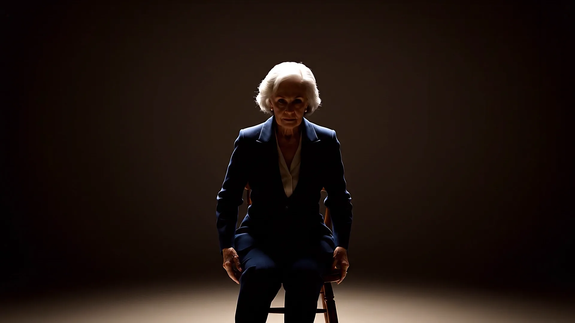 Barbara Sinclair sitter under en ensam lampa under den fiktiva granskningen
