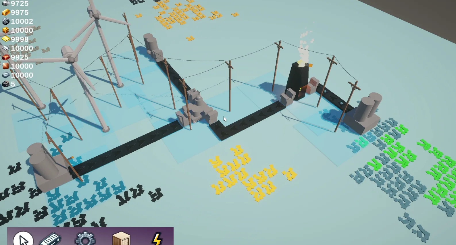 An early Automation Haven production test with wind turbines, power lines, conveyors, and processing machines
