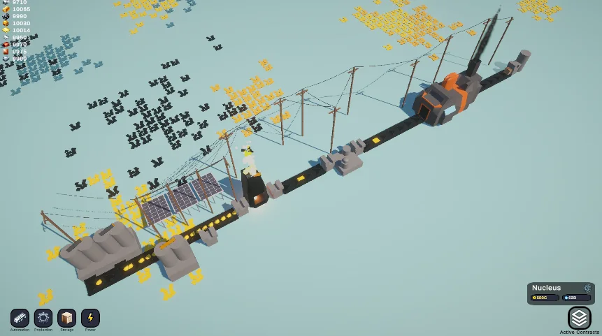 An Automation Haven factory with a long conveyor line, processing machines, power pylons, and a company contract interface