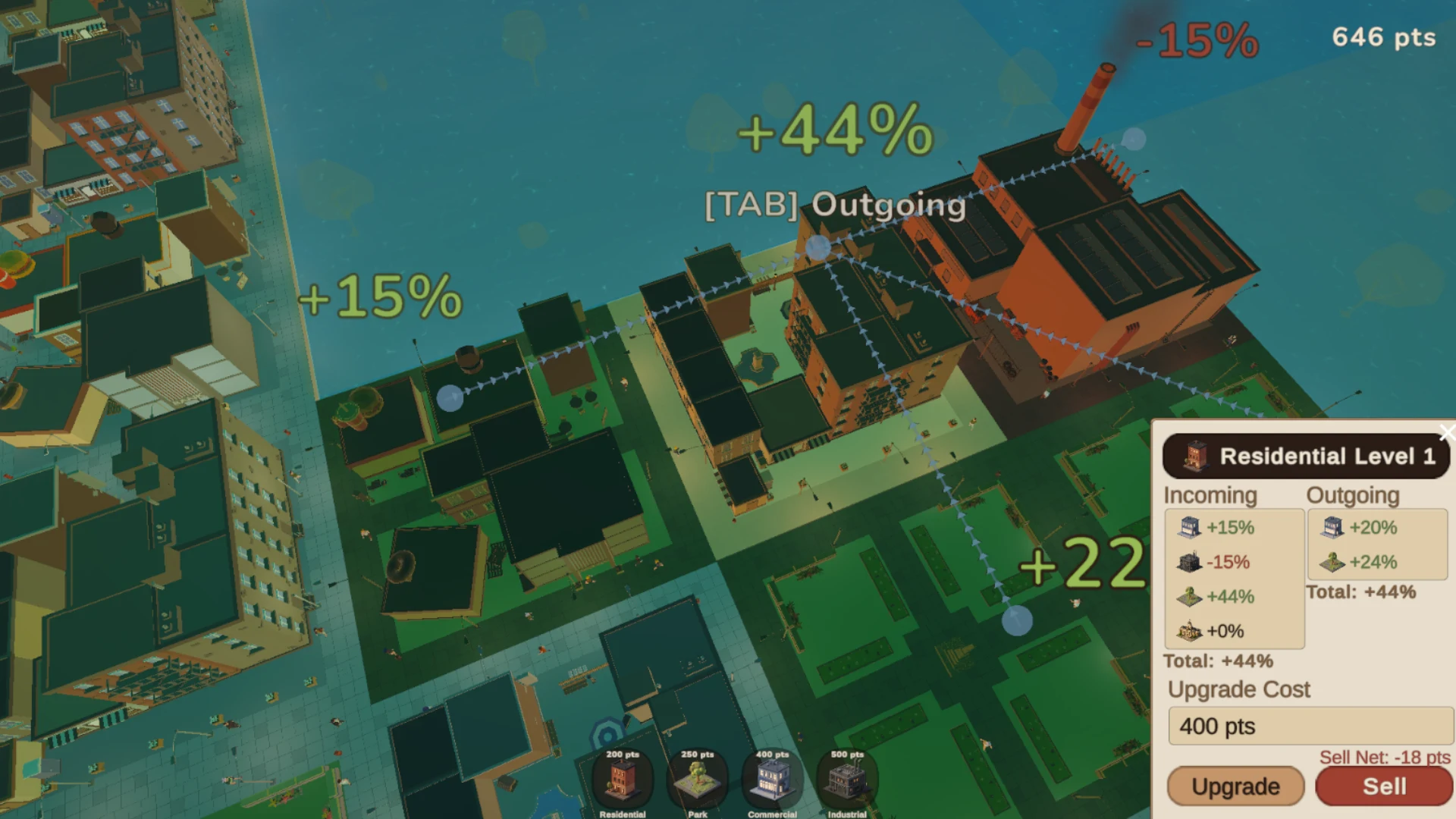 A selected building with incoming and outgoing effects