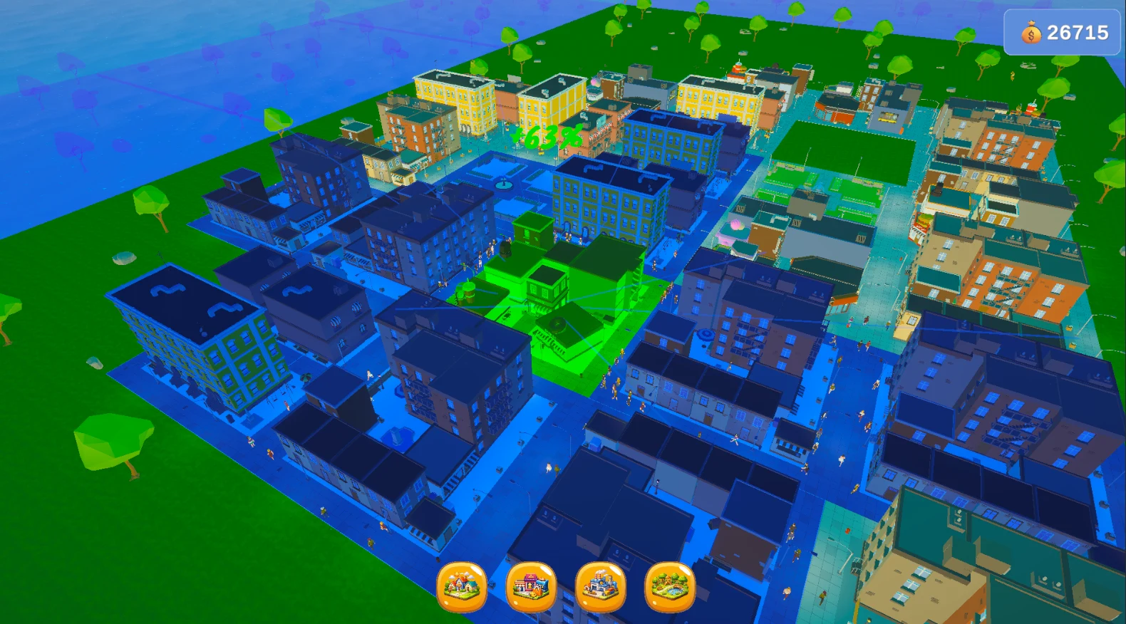 An early prototype showing a large positive synergy connection across much of the city