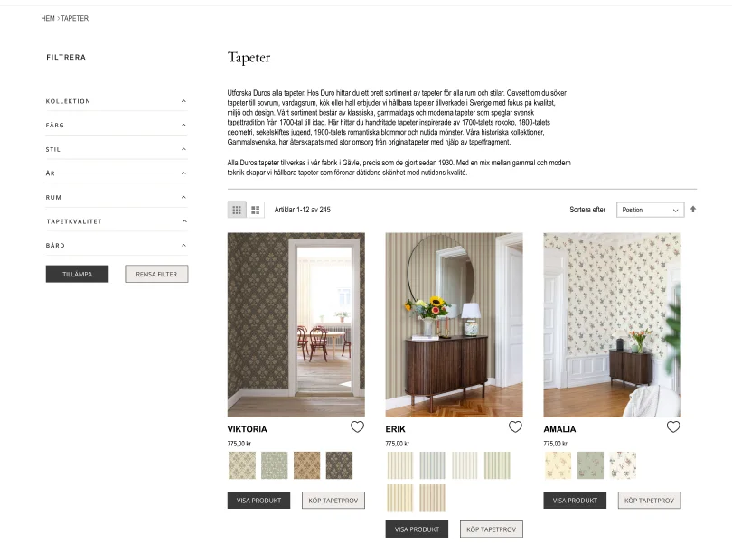 The proposed wallpaper listing with multi-select filters, apply and clear buttons, colour swatches, and direct product actions