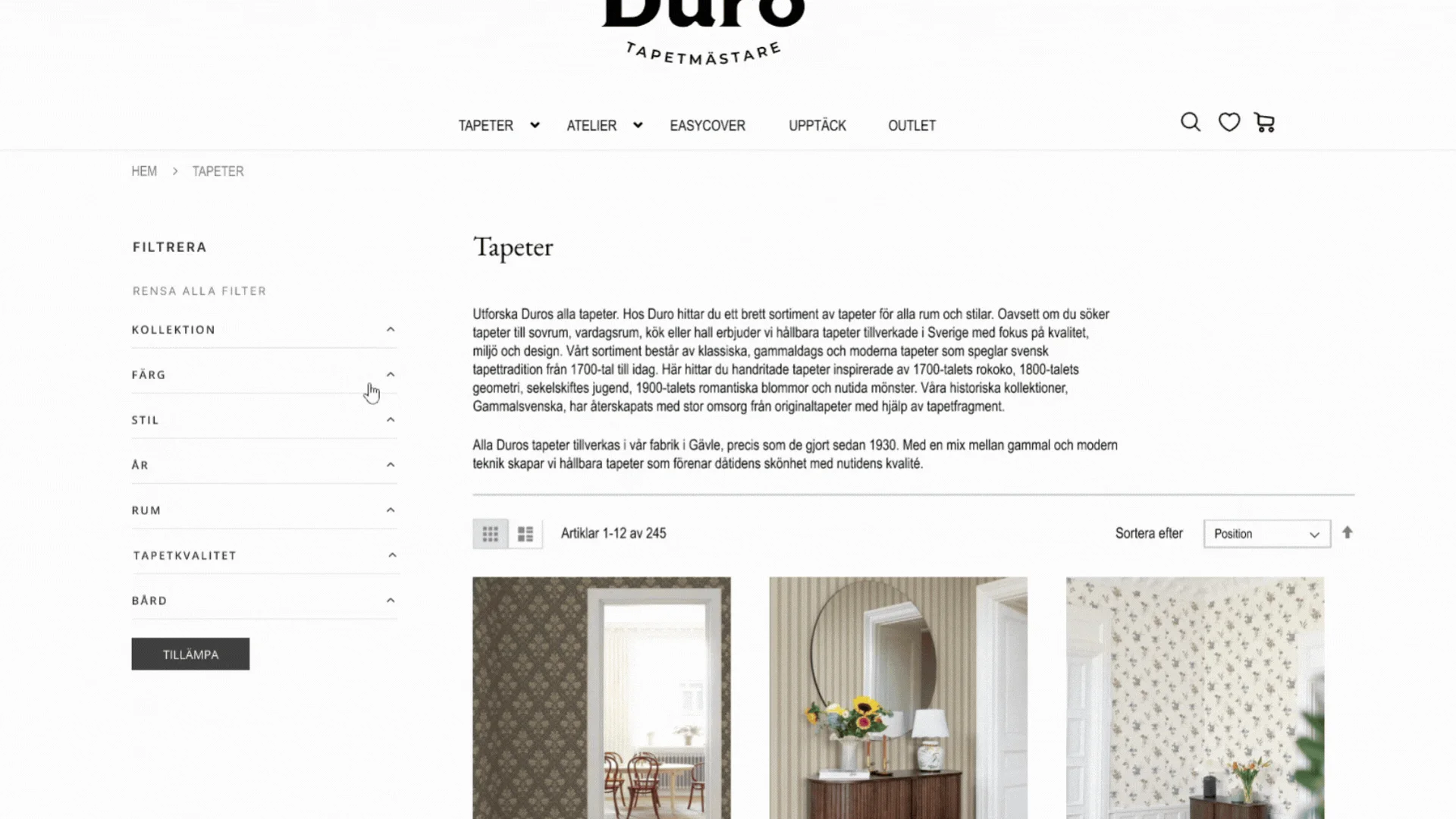 Desktop prototype of Duro’s wallpaper catalogue with filters on the left and three product cards