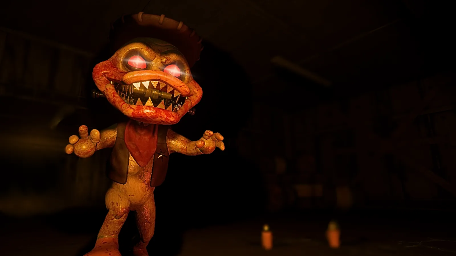 A damaged duck animatronic lunges into the player’s flashlight beam