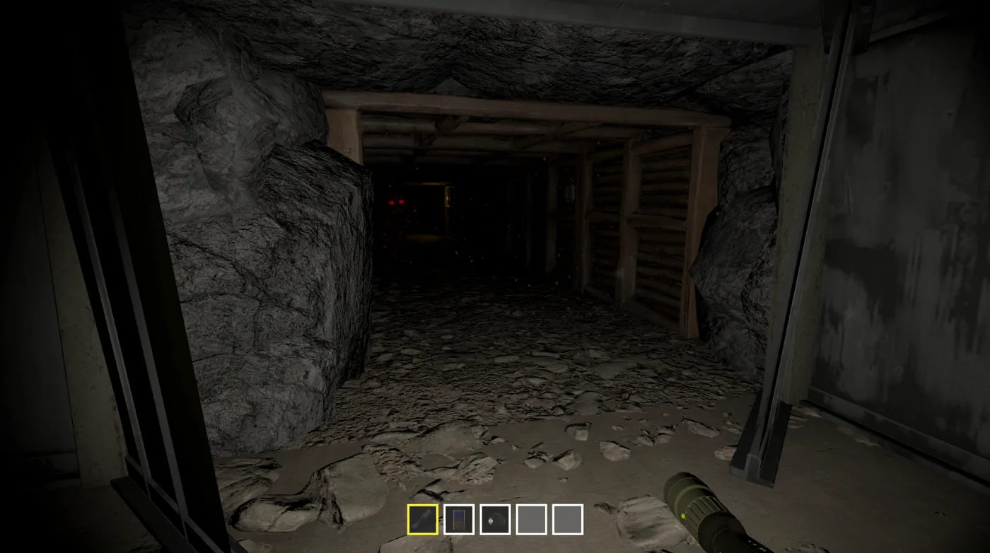 First-person gameplay at a dark mine entrance in Echoes of Steel