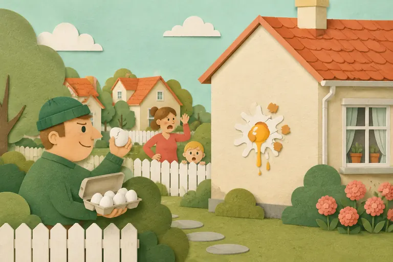 Sabotage card artwork showing a neighbour throwing an egg