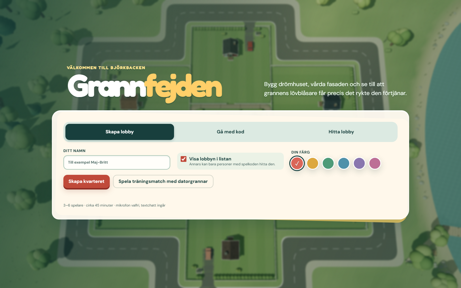 Grannfejden's start screen over an aerial view of the Björkbacken neighbourhood