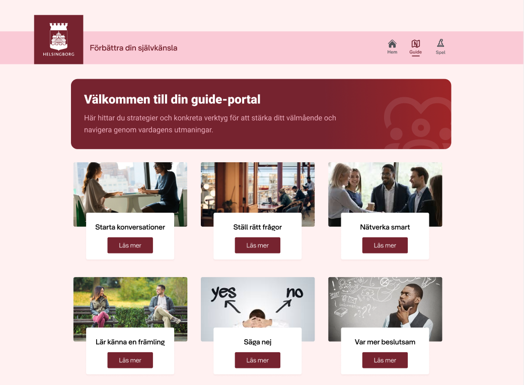Redesigned guide hub with a burgundy introduction and illustrated cards for practical topics