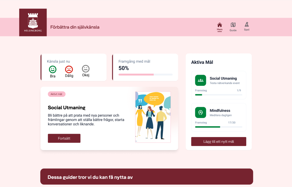 Redesigned HBG Self-Esteem home screen with a municipal burgundy and pink palette, progress cards, an active social goal, and supporting guides