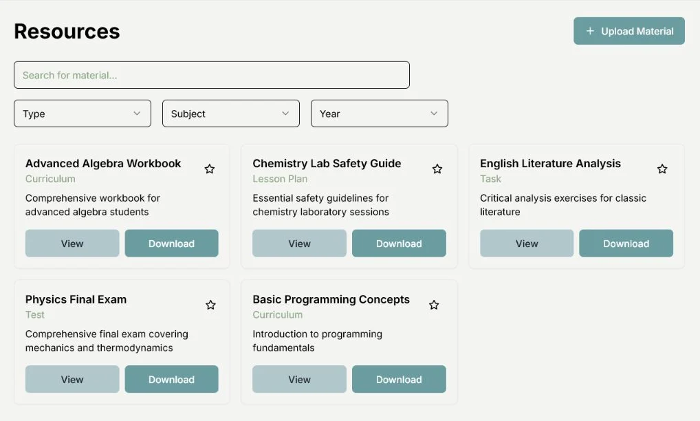 Privacy-cropped first OLE prototype showing an English resource library with search, type, subject, and year filters