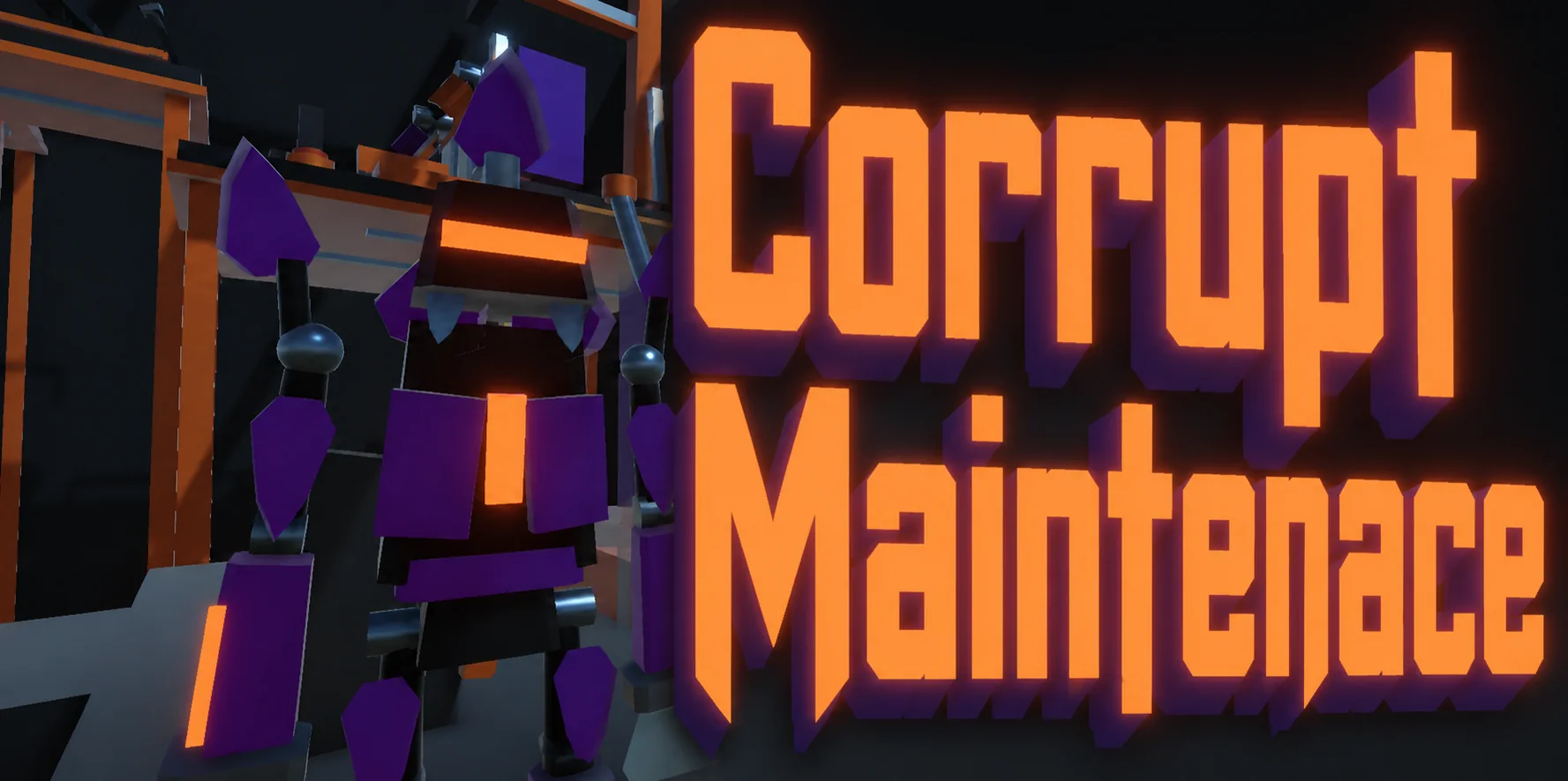 Platformer Ultra presentation artwork showing the purple Saboteur enemy in the factory beside large orange Corrupt Maintenace lettering