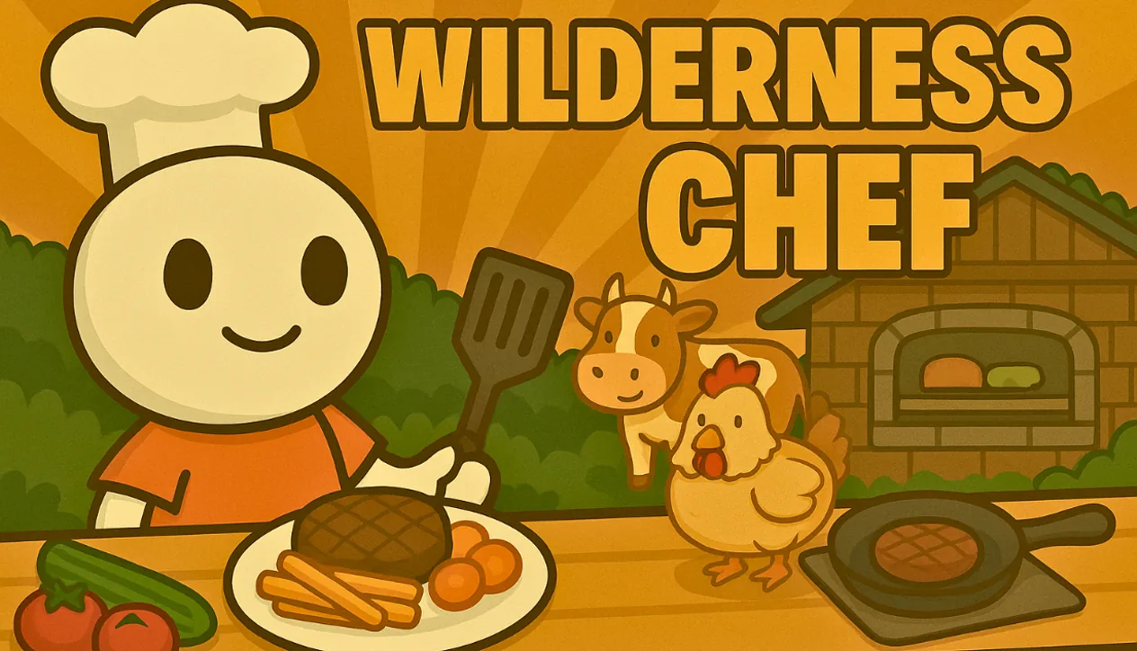 Wilderness Chef key art with the chef, kitchen, cow and chicken in a bright forest