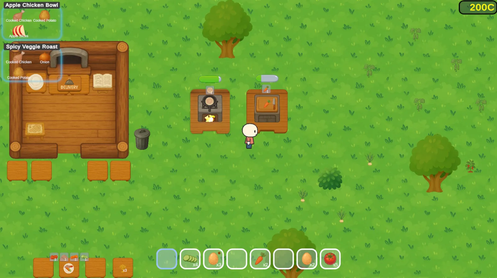 The Wilderness Chef character standing between active frying and cutting stations beside the delivery cabin