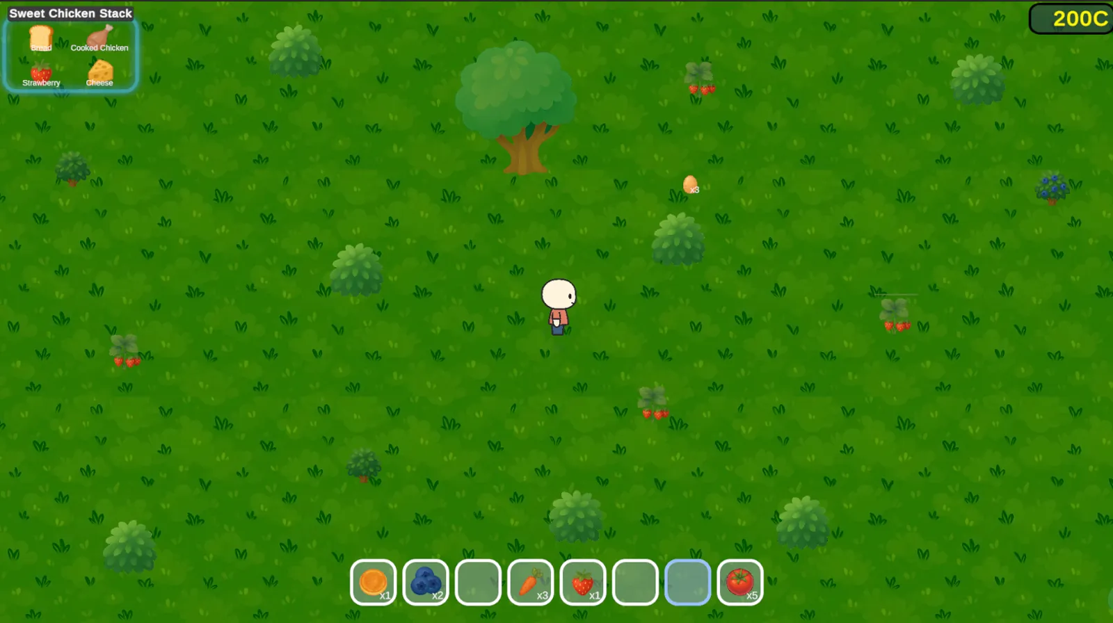 The Wilderness Chef character foraging among trees, berry bushes and scattered ingredients
